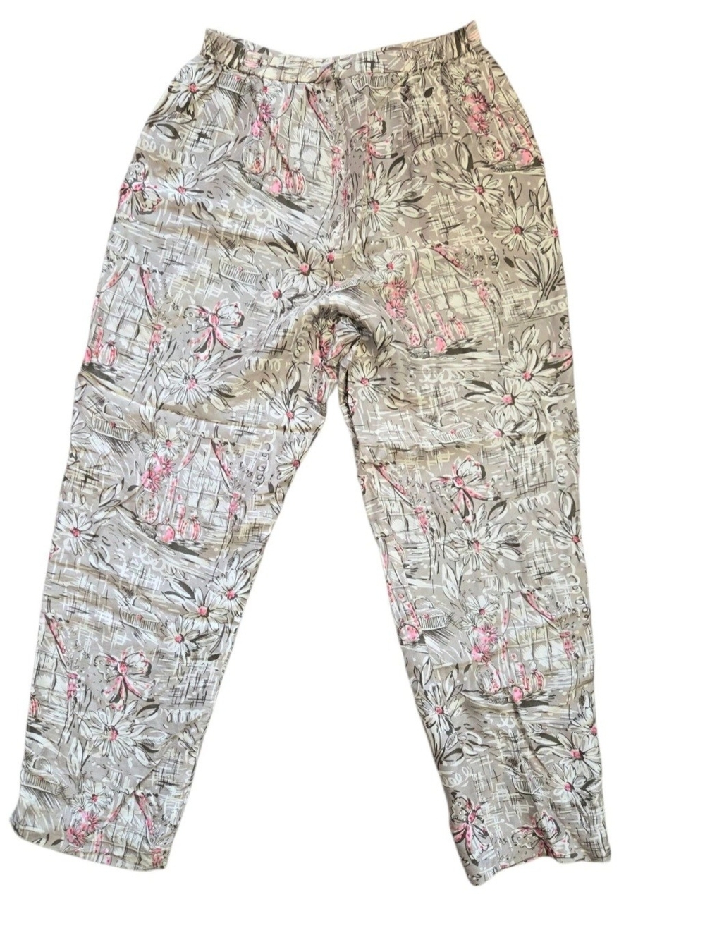 Adrianna Papell 100% Silk Gray Pink Floral Zip Up Pants Fully Lined Size 8